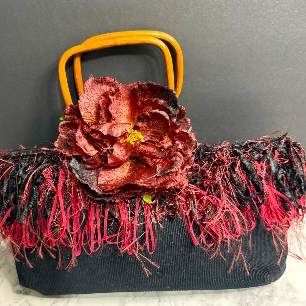 Festive Black and Red fringe w Floral accent wood handles Handbag hobo hippie